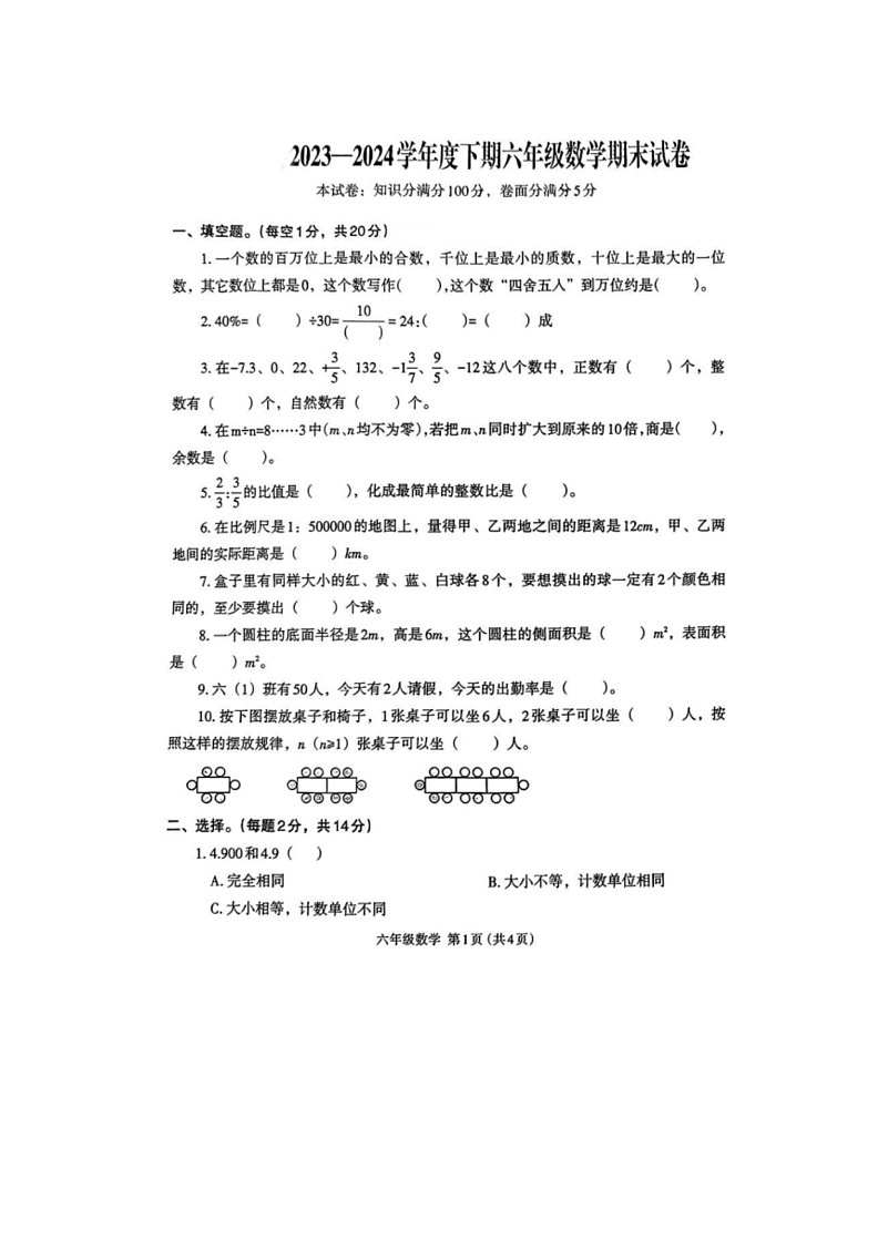 [数学]河南省开封市多校联考2023～2024学年六年级下学期期末试题(有答案)第1页