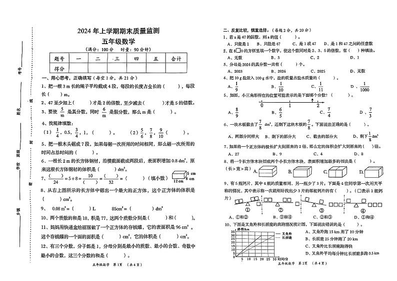 湖南省岳阳市岳阳楼区等5地2023-2024学年五年级下学期6月期末数学试题第1页