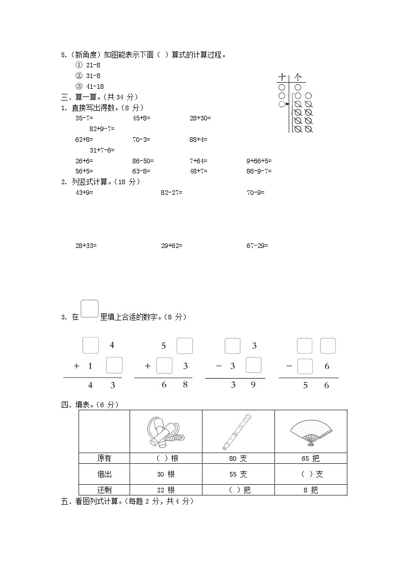 2024一年级数学下册第6单元100以内的加法和减法二综合素质达标试卷（附答案苏教版）第2页