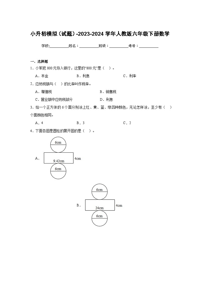小升初模拟（试题）-2023-2024学年人教版六年级下册数学第1页
