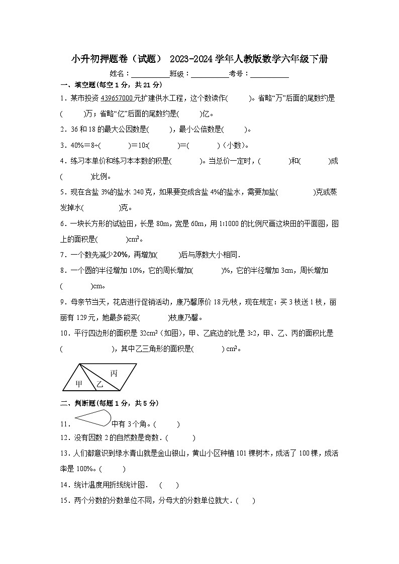 小升初押题卷（试题）+2023-2024学年六年级下册数学人教版第1页