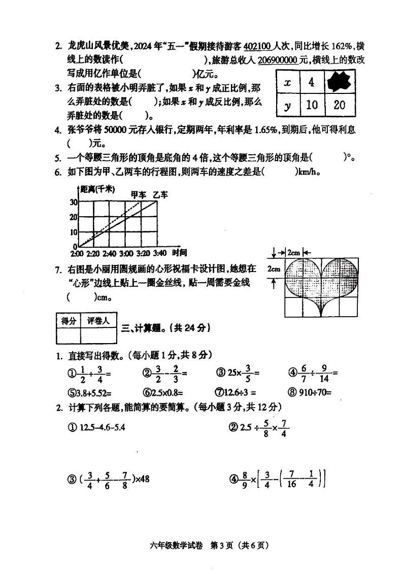 江西省鹰潭市月湖区2023-2024学年六年级下学期6月期末数学试题第3页