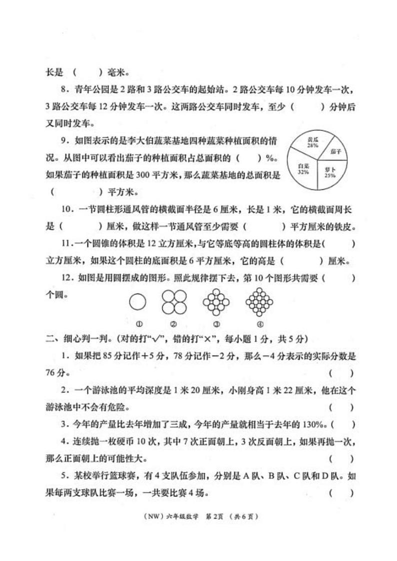 [数学][期末]甘肃省定西市岷县2023～2024学年六年级下学期期末学业质量检测数学试卷(无答案)第2页