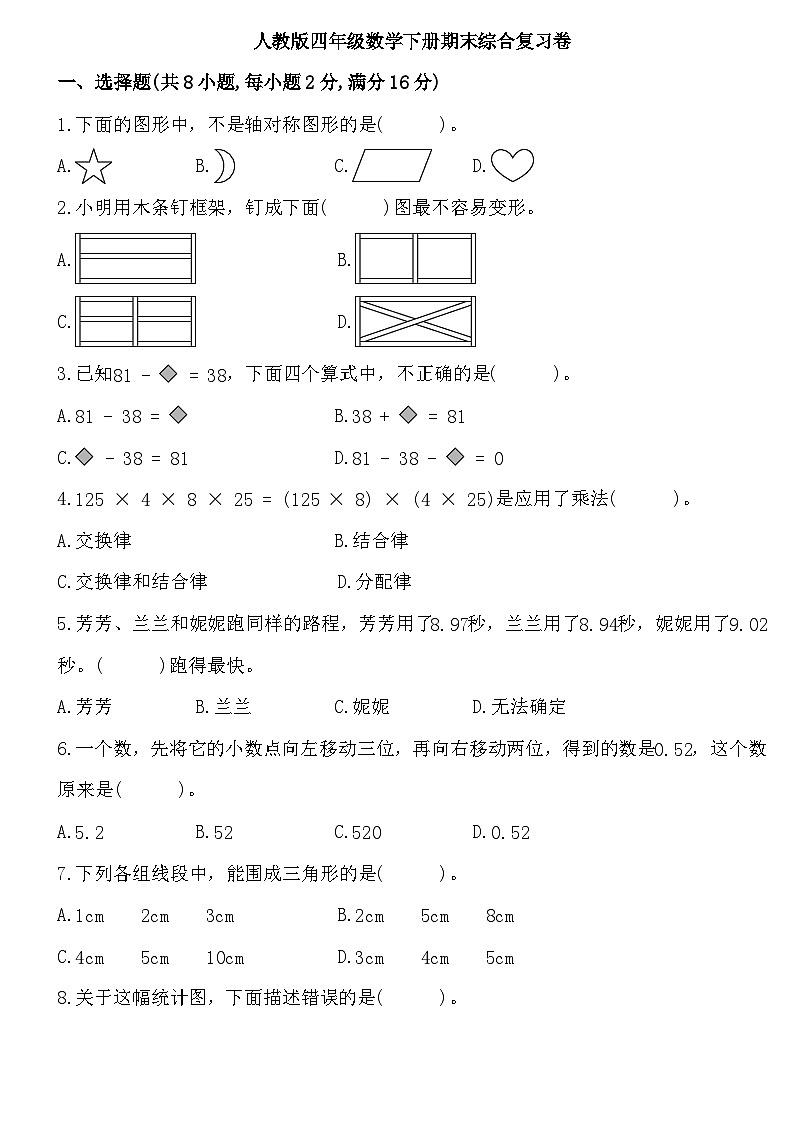 期末综合复习卷（试题）-2023-2024学年人教版四年级数学下册第1页