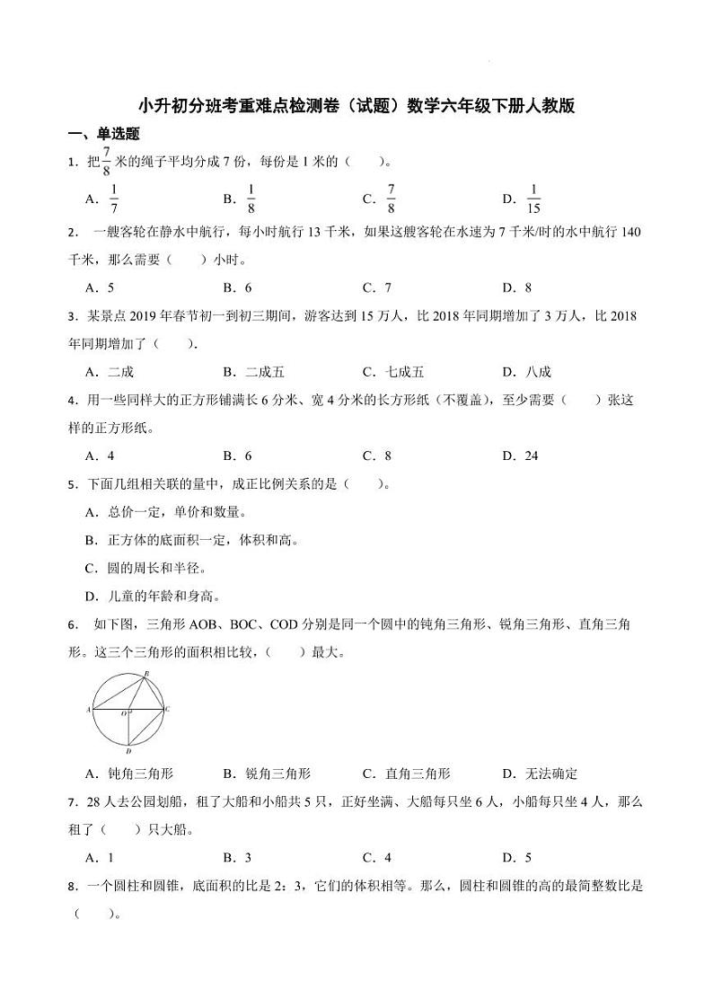 小升初分班考重难点检测卷（试题）数学六年级下册期末人教版01