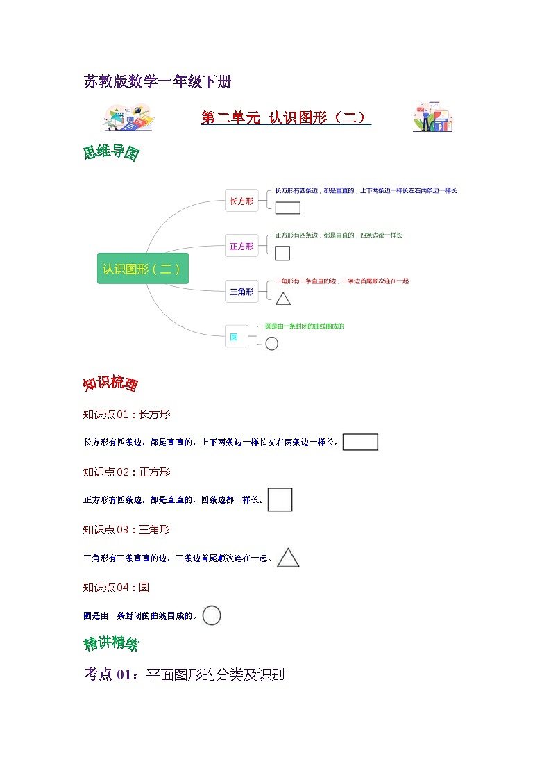 苏教版数学一年级下册第二单元 《认识图形（二）》试卷（单元解读+教师版 +学生版）01