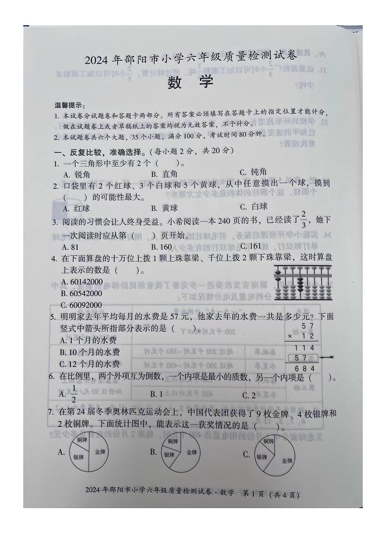 湖南省邵阳市2023-2024学年六年级下学期6月期末数学试题01