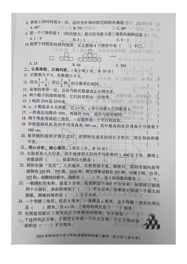 湖南省邵阳市2023-2024学年六年级下学期6月期末数学试题02
