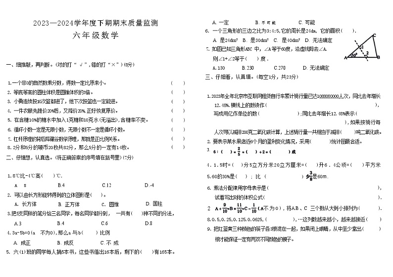 河南省周口市川汇区2023-2024学年六年级下学期期末检测数学试题01