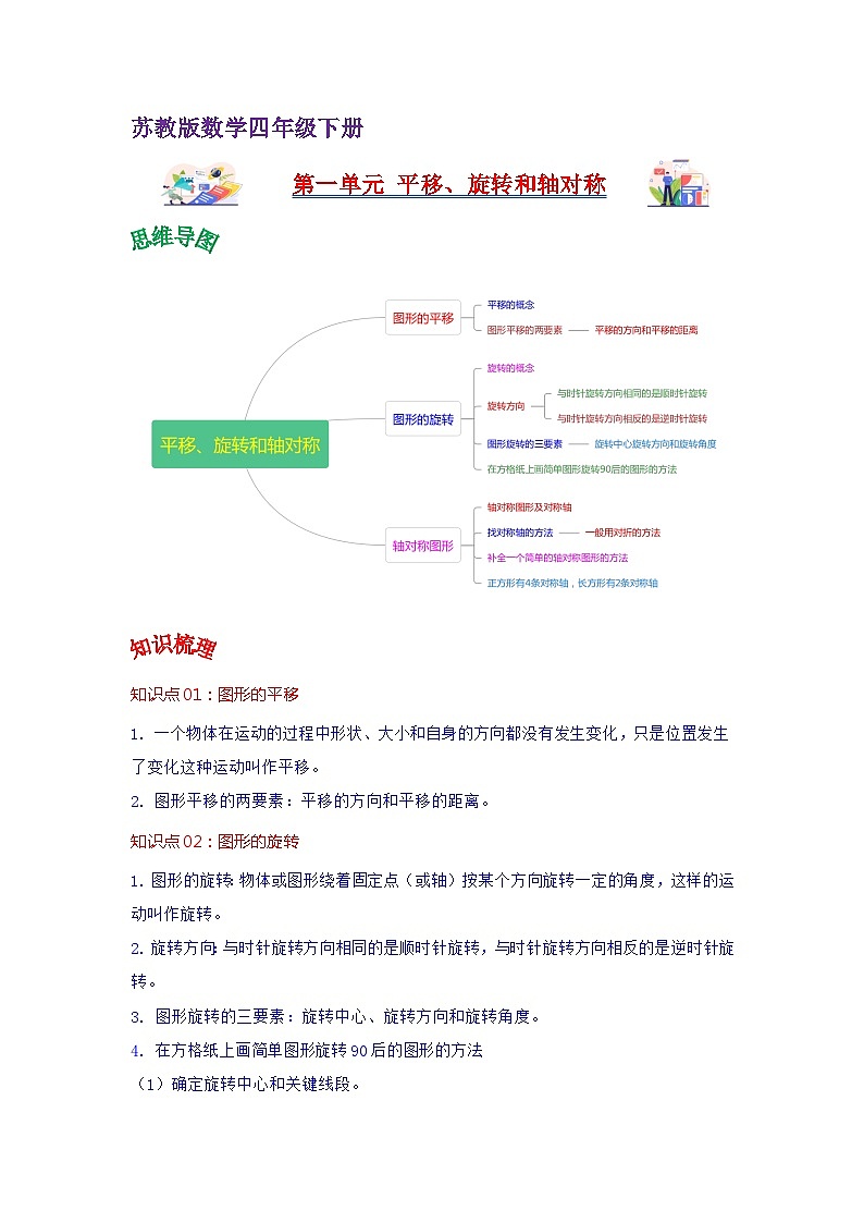 苏教版数学四年级下册第一单元 《平移、旋转和轴对称》试卷（单元解读+教师版 +学生版）01