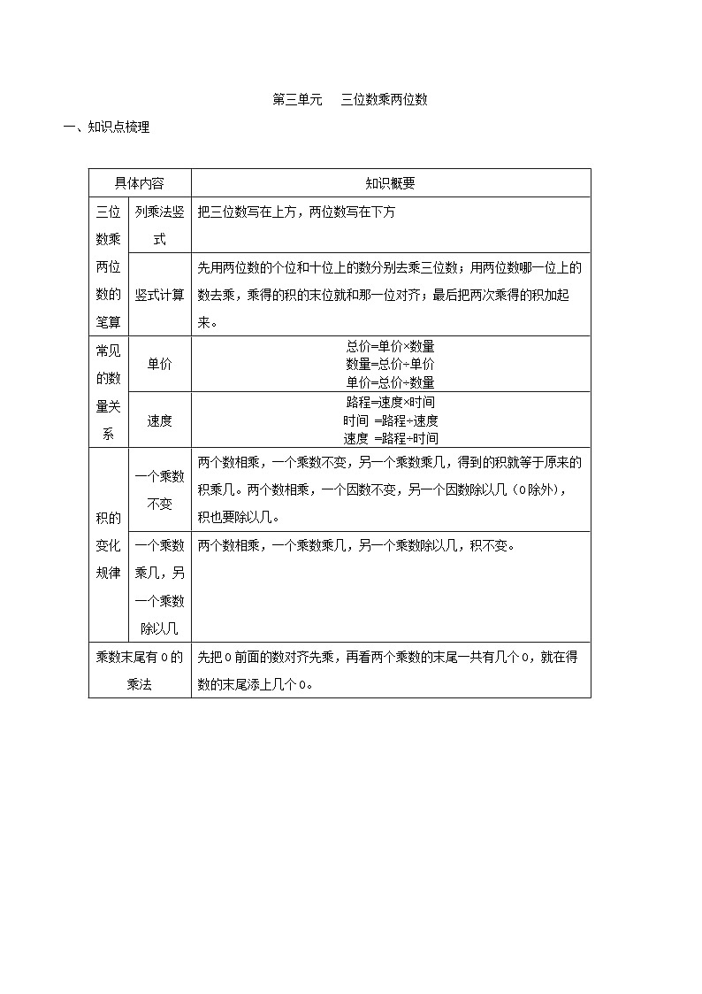 苏教版数学四年级下册第三单元 《三位数乘两位数》试卷（单元解读+教师版 +学生版）01