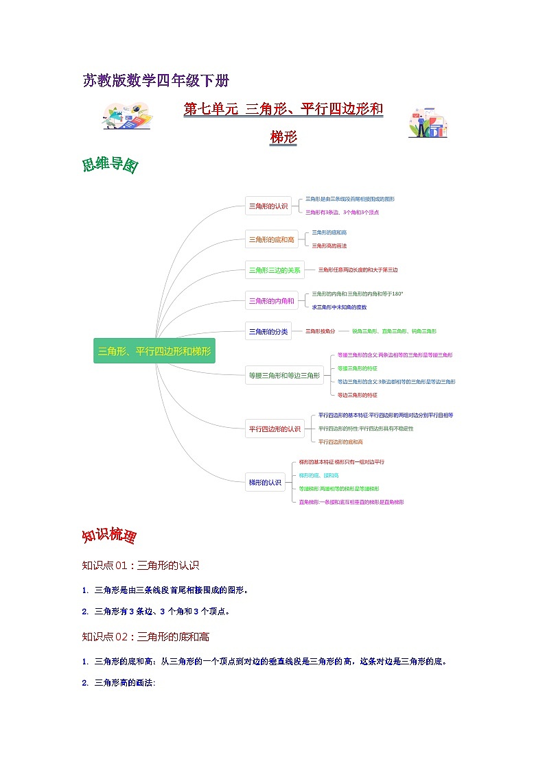苏教版数学四年级下册第七单元《 三角形、平行四边形和梯形》试卷（单元解读+教师版 +学生版）01