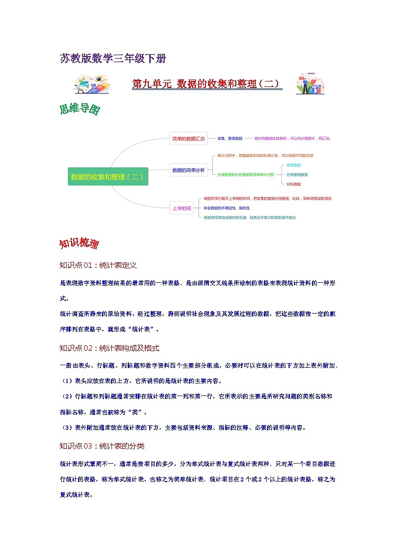 苏教版数学三年级下册第九单元《数据的收集和整理（二）》试卷（单元解读+教师版 +学生版）01