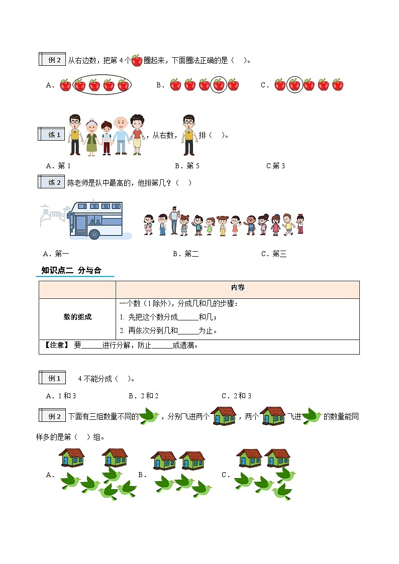 第1部分-预习衔接-专题02：5以内数的认识和加、减法（第几，分与合）（学生版）-新一年级数学暑假预习（人教版2024）第2页