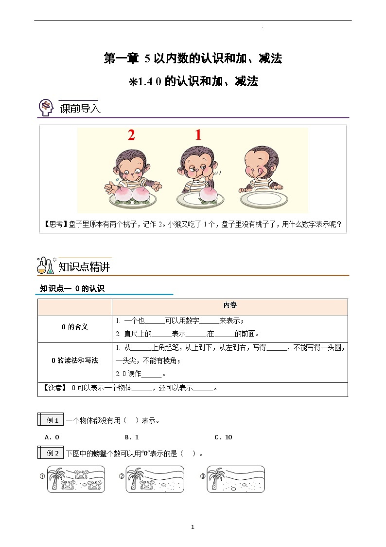 第1部分-预习衔接-专题04：5以内数的认识和加、减法（0的认识和加、减法）（学生版）-新一年级数学暑假预习（人教版2024）第1页