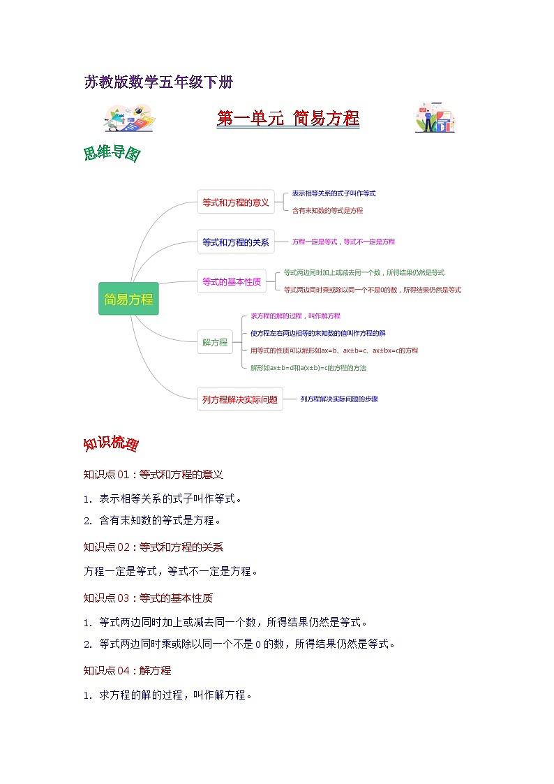 苏教版数学五年级下册第一单元 《简易方程》试卷（单元解读+教师版 +学生版）01