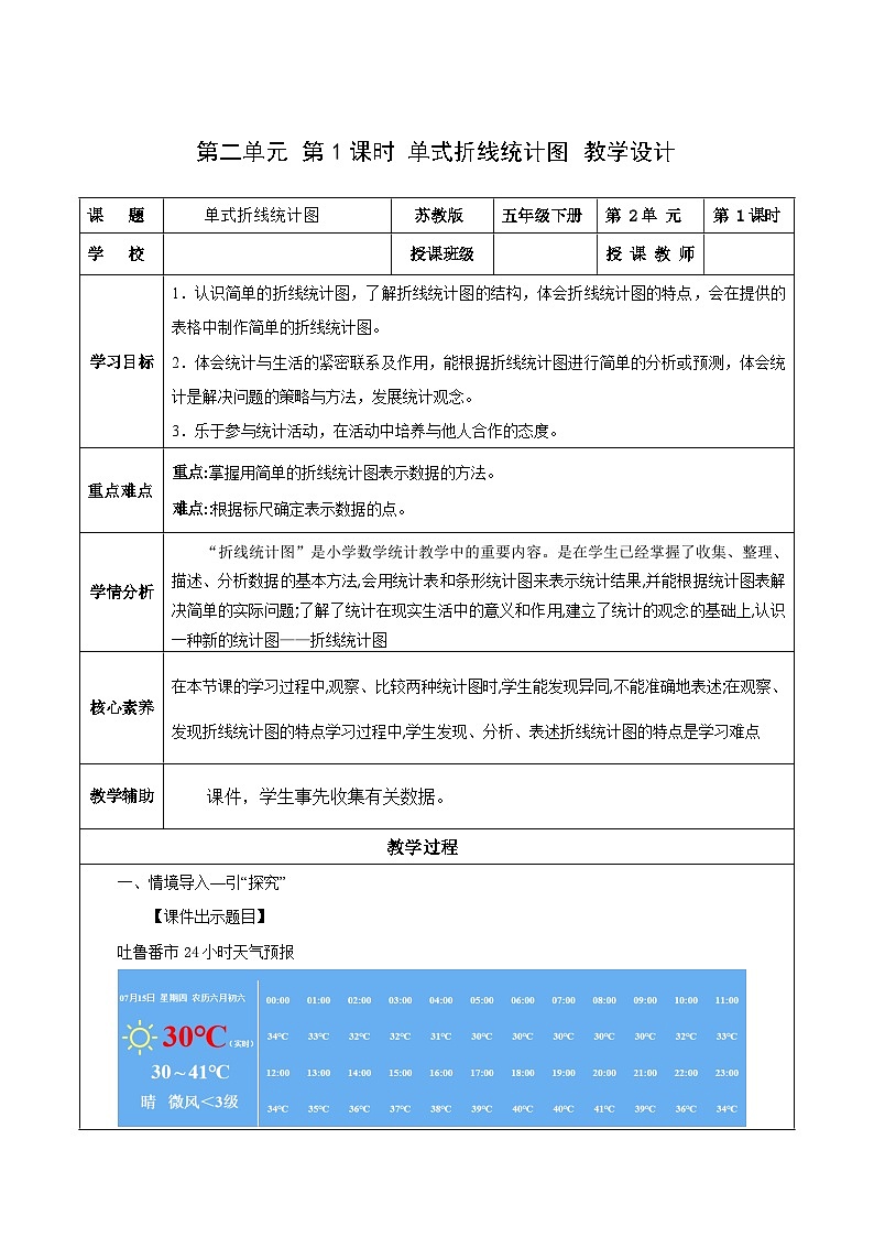 苏教版数学五年级下册2.1《单式折线统计图》课件+教案+分层作业+学习任务单01