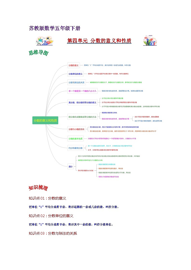 苏教版数学五年级下册第四单元 《分数的意义和性质》试卷（单元解读+教师版 +学生版）01