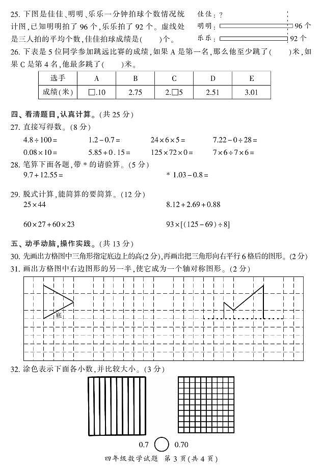 湖南郴州市2023-2024年四年级下学期期末学业质量抽测试卷数学试卷03