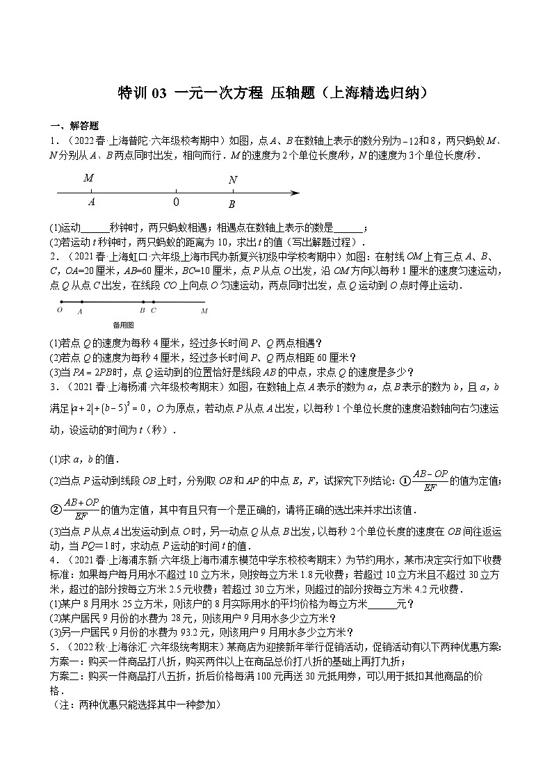 沪教版六年级数学下册期中期末满分冲刺特训03一元一次方程压轴题(上海精选归纳)(原卷版+解析)01