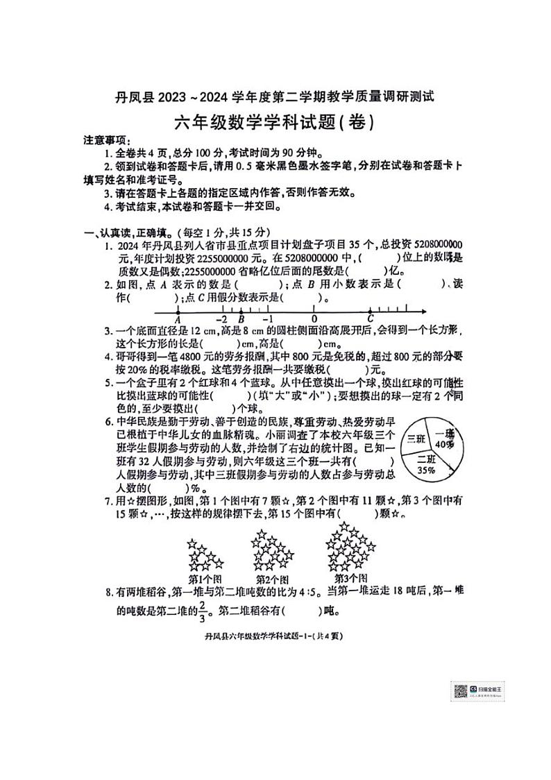 [数学][期末]陕西省商洛市丹凤县2023～2024学年六年级下学期期末质量调研测试数学试题(无答案)第1页