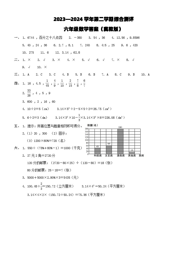 六年级数学期末C答案（冀教）第1页