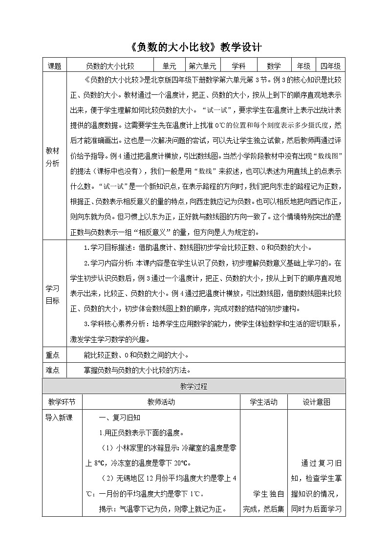 【核心素养】北京版数学四下6.3《负数的大小比较》课件+教案+分层作业01