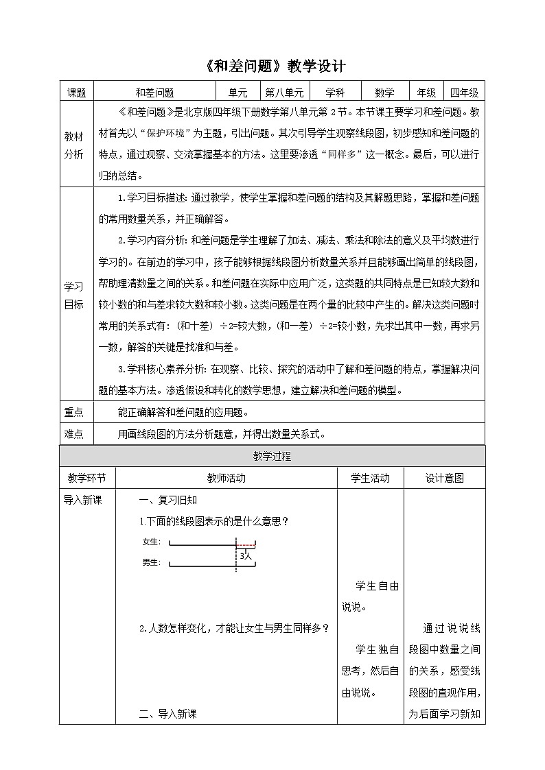 【核心素养】北京版数学四下8.2《和差问题》教学设计第1页
