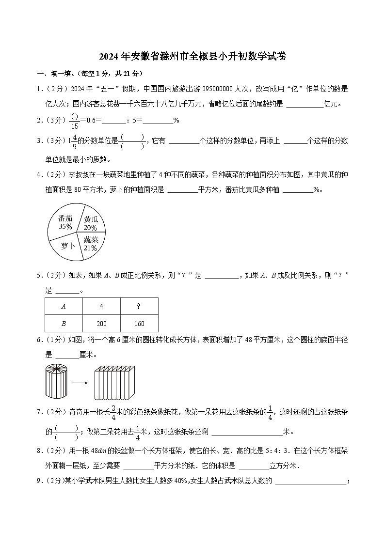 2024年安徽省滁州市全椒县小升初数学试卷01