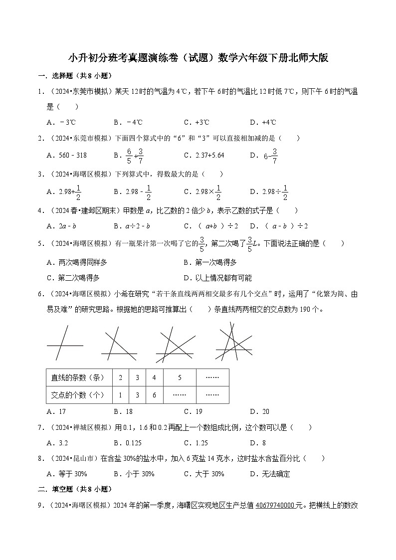 小升初分班考真题演练卷（试题）-2023-2024学年数学六年级下册北师大版第1页