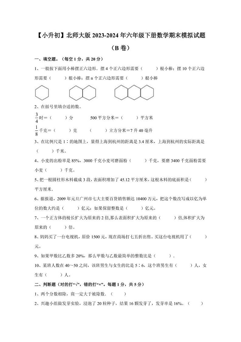 【小升初】北师大版2023-2024年六年级下册数学期末模拟试题（B卷）含答案第1页