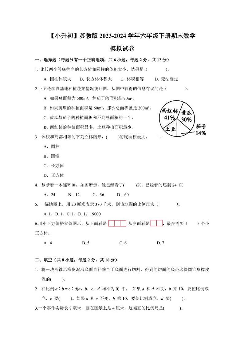 【小升初】苏教版2023-2024学年六年级下册期末数学模拟试卷（无答案）第1页