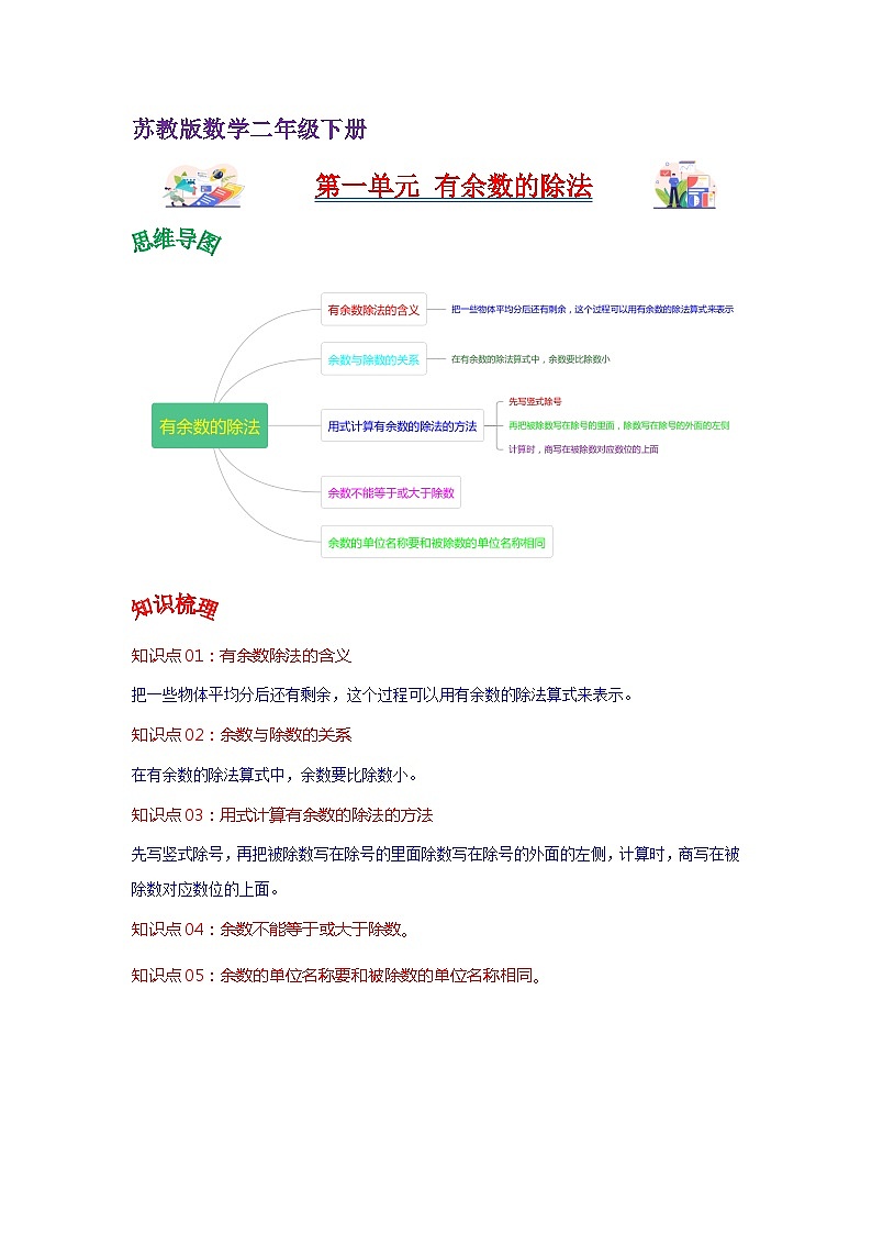 苏教版数学二年级下册第一单元《有余数的除法》试卷（单元解读+教师版 +学生版）01