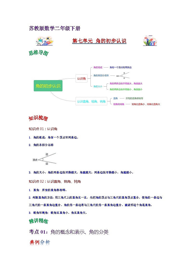 苏教版数学二年级下册第七单元  《角的初步认识》试卷（单元解读+教师版 +学生版）01