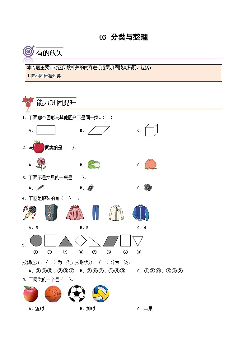 2024年一升二数学暑假专题训练 专题03：分类与整理（人教版）01