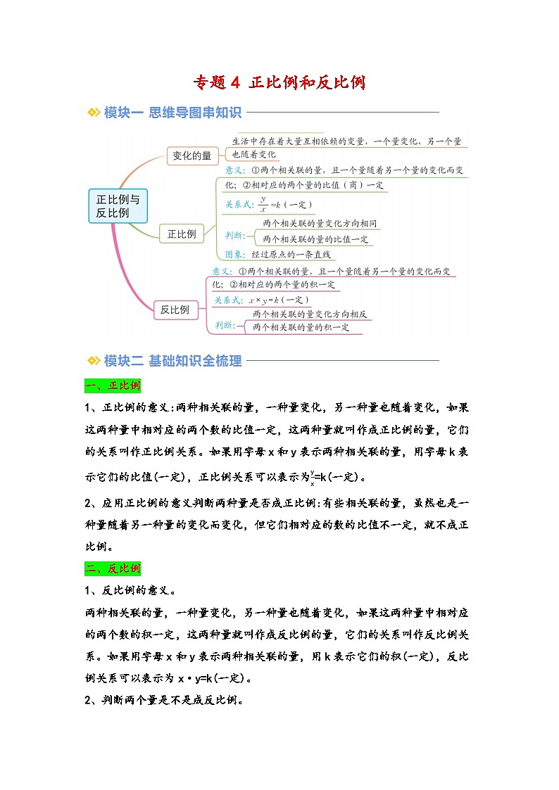 2024年小升初数学暑假专题训练 专题4 正比例和反比例（学生版）（北师大版）第1页
