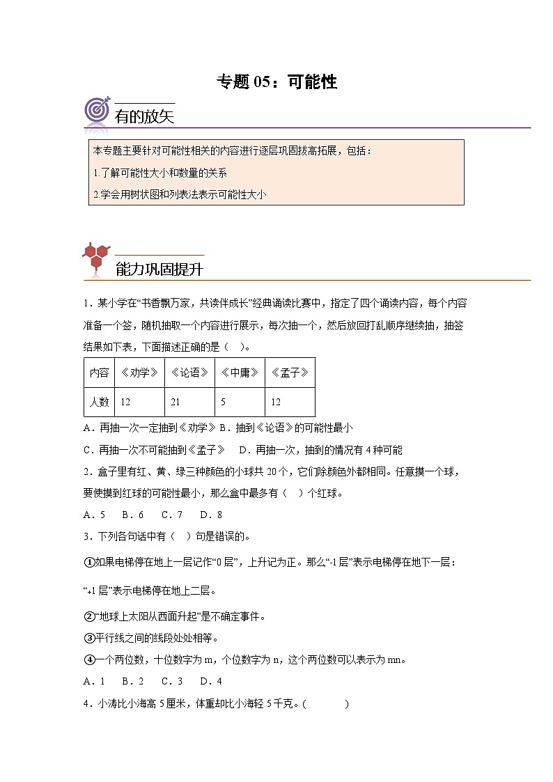 2024年五年级数学暑假专题训练 专题05：可能性（沪教版）01