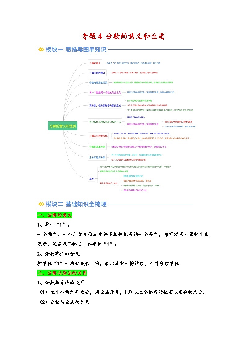 2024年五升六数学暑假专题训练 专题4 分数的意义和性质（苏教版）01