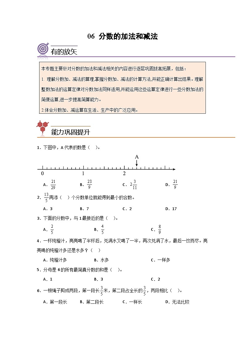 2024年五升六数学暑假专题训练 专题06：分数的加法和减法（人教版）01