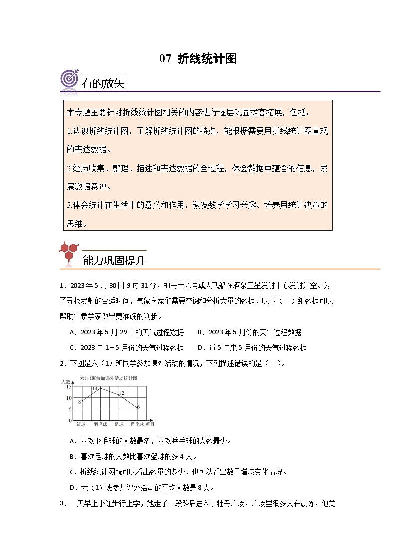 2024年五升六数学暑假专题训练 专题07：折线统计图（人教版）第1页