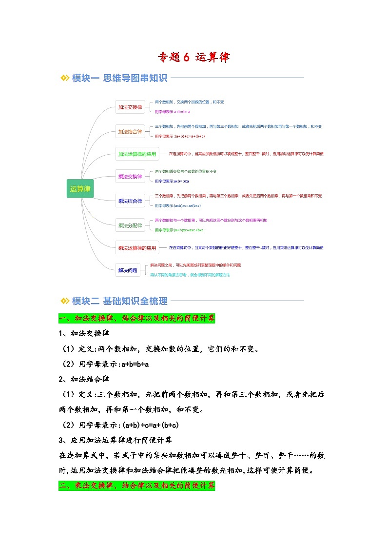 2024年四升五数学暑假专题训练 专题6 运算律（教师版）（苏教版）第1页