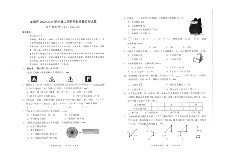 广东省深圳市龙岗区2023-2024学年六年级下学期期末数学试卷第1页