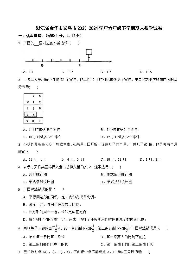 浙江省金华市义乌市2023-2024学年六年级下学期期末数学试卷第1页