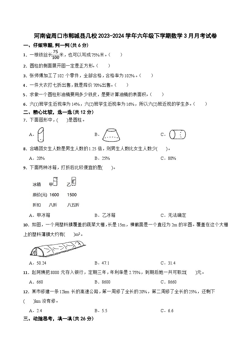 河南省周口市郸城县几校2023-2024学年六年级下学期数学3月月考试卷01