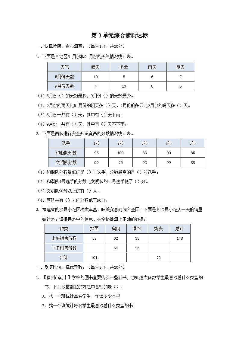 福建省2024三年级数学下册第3单元复式统计表综合素质达标试卷（附答案人教版）01