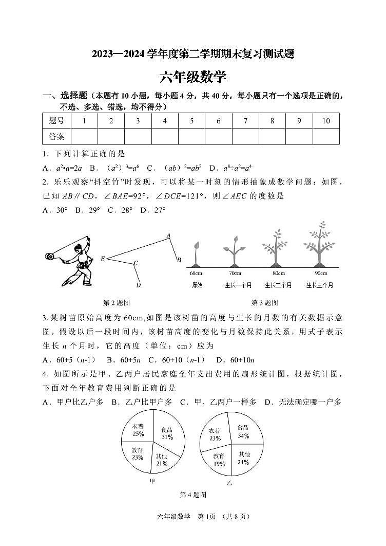 山东省淄博市高青县2023-2024学年六年级下学期期末考试数学试题第1页