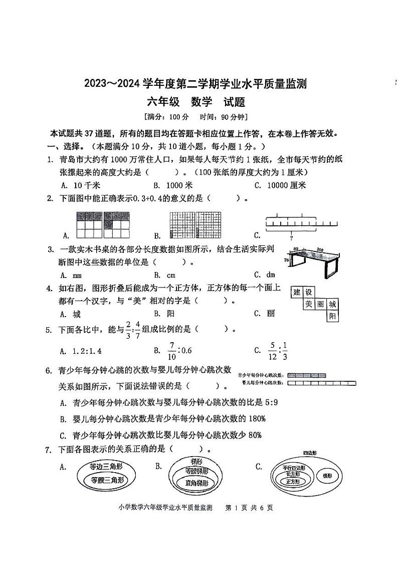 山东省青岛市城阳区2023-2024学年六年级下学期期末考试数学试题第1页