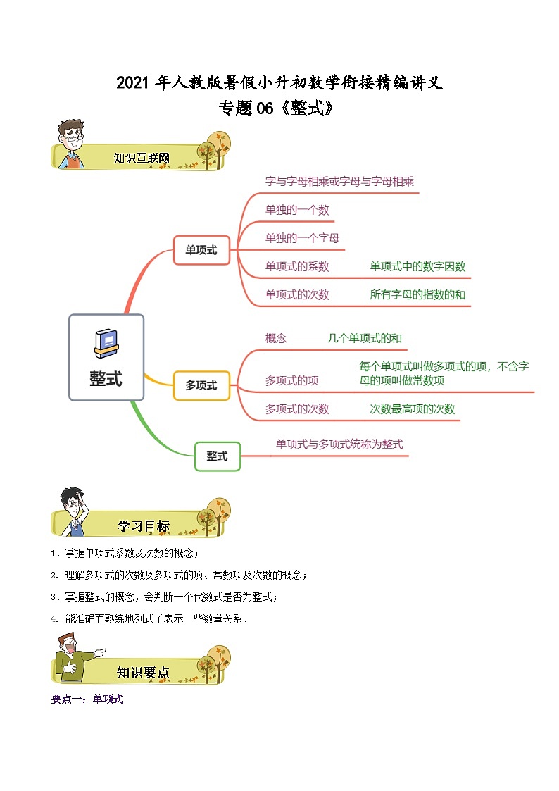 人教版小升初数学衔接精编讲义专题06《整式》(精编讲义)(原卷版+解析)第1页