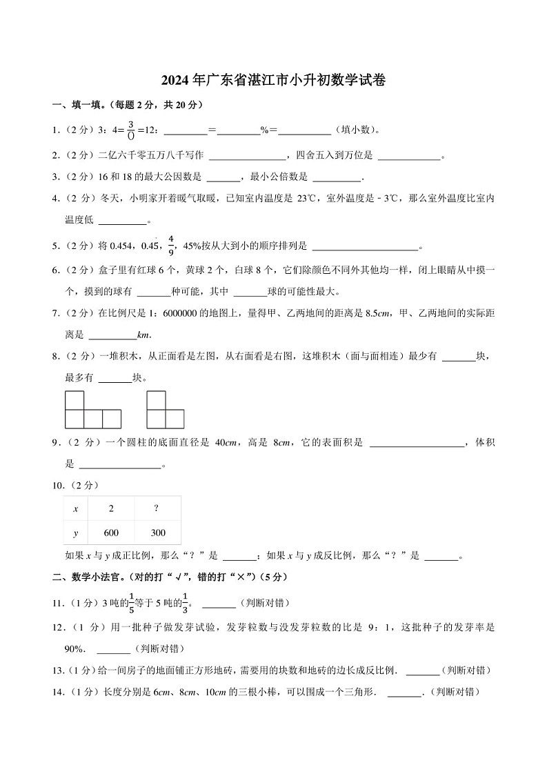 2024年广东省湛江市小升初数学试卷附答案解析第1页