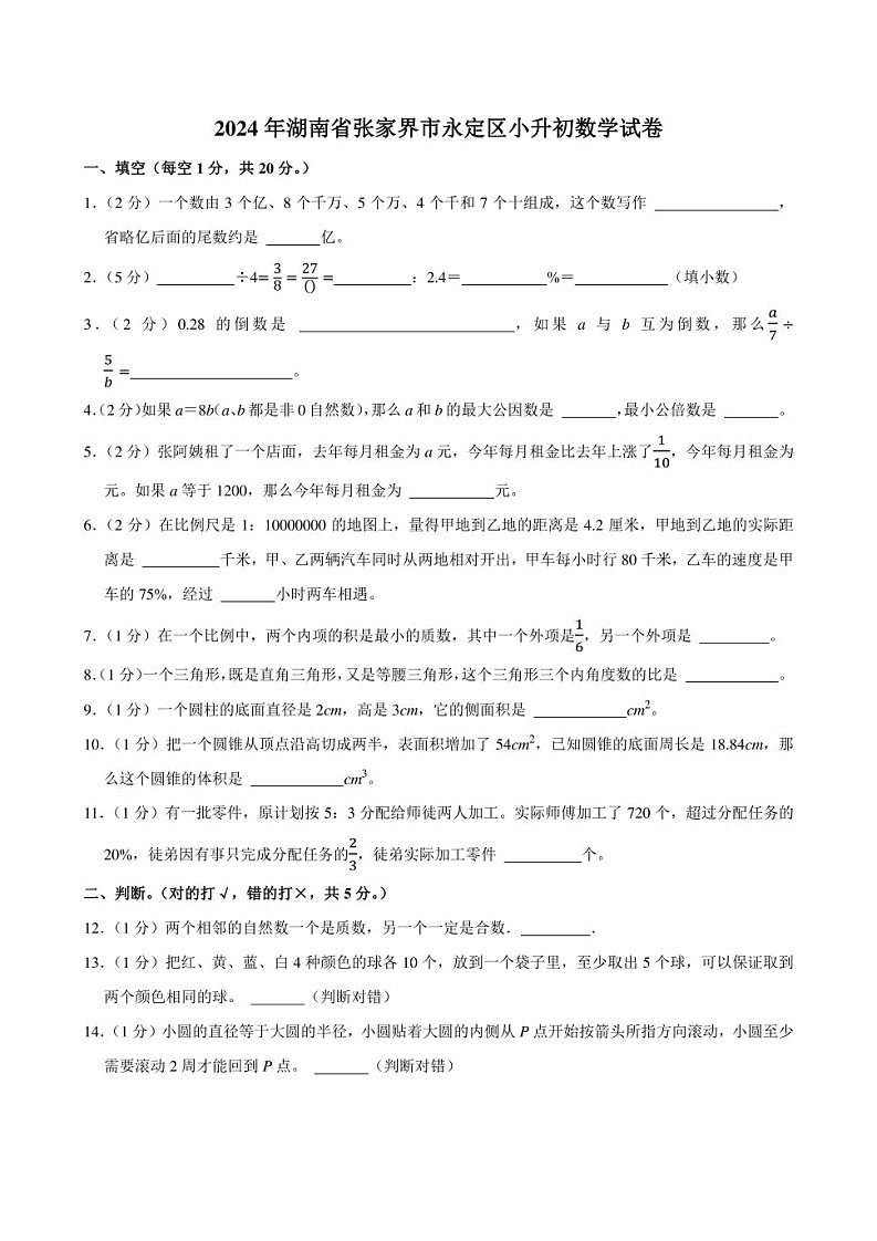 2024年湖南省张家界市永定区小升初数学试卷附答案解析01